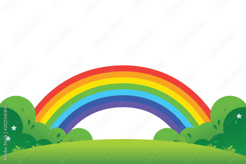 Obraz premium Colorful rainbow arching over green hills and lush bushes with small flowers on clean white background poster.