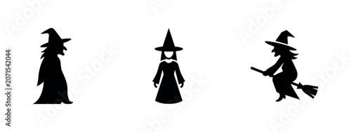 Schilderij op canvas Halloween Witch Silhouettes Set: Standing and Flying on a Broomstick for Spooky
