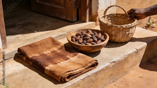 Mud cloth fabric with shea nuts and woven basket, West African craft and natural decor.