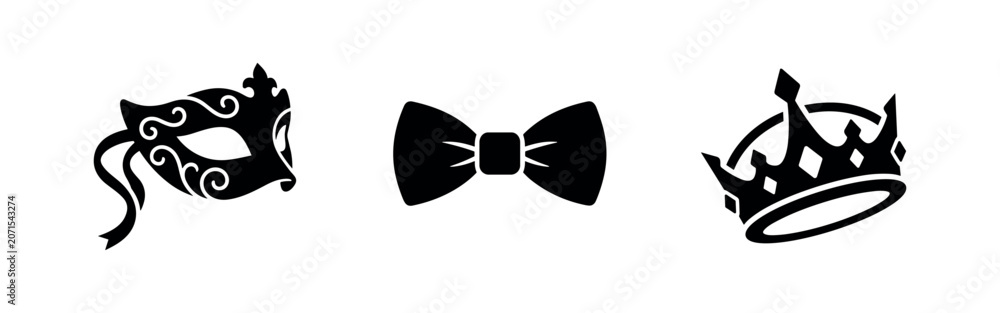 Fototapeta premium Three black icons: a masquerade mask, a bow tie, and a crown, on a white background.
