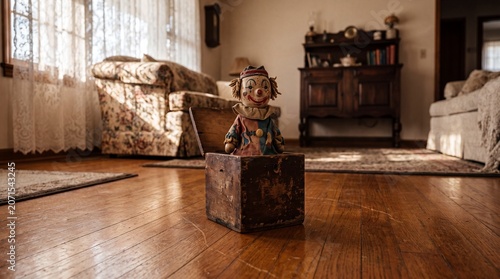 Creepy vintage jack-in-the-box clown toy on a hardwood floor in an old-fashioned living room