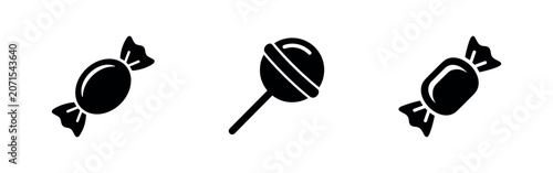 Obraz na płótnie Three black icons of candies: a wrapped candy, a lollipop, and another wrapped candy
