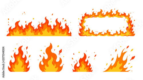 Foto Cartoon fire flames set with burning border and frame elements