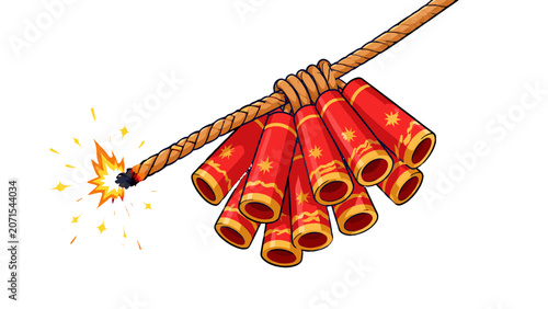 Tablou pe pânză Group of red firecrackers hanging from a burning rope