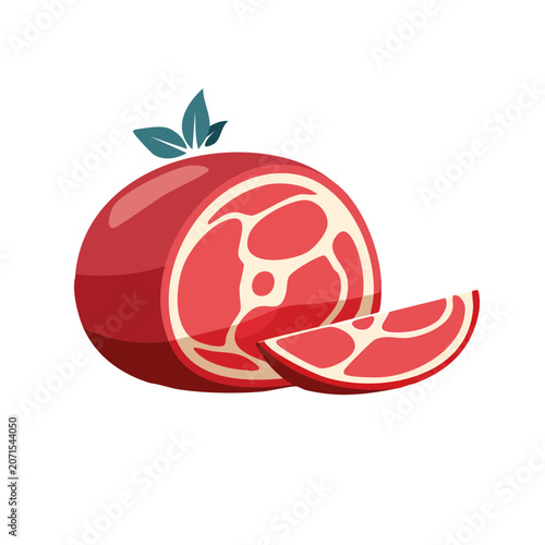 Flat illustration of pomegranate with slice and leaf