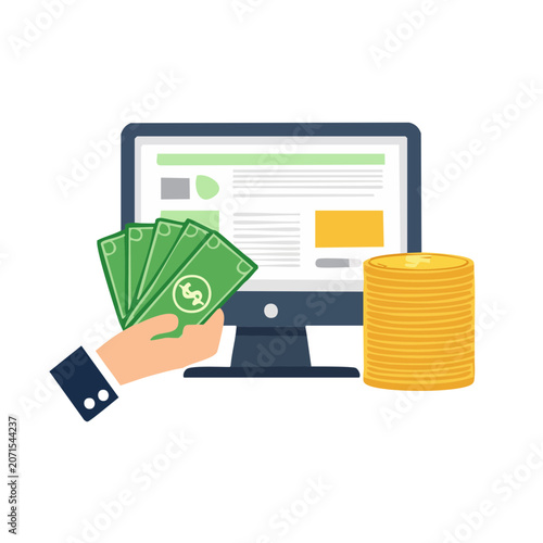 Online payment with money and gold coins vector illustration