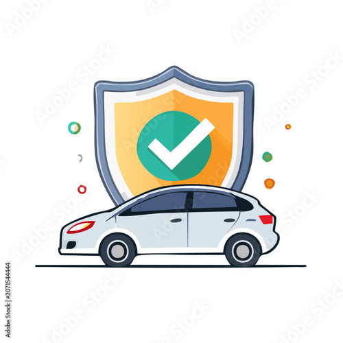 White car with security shield and checkmark illustration