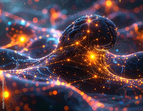 A digital illustration of a human head with glowing orange neural connections