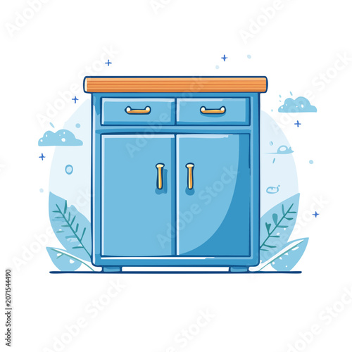 Blue Cabinet with Drawers and Doors Flat Vector Illustration