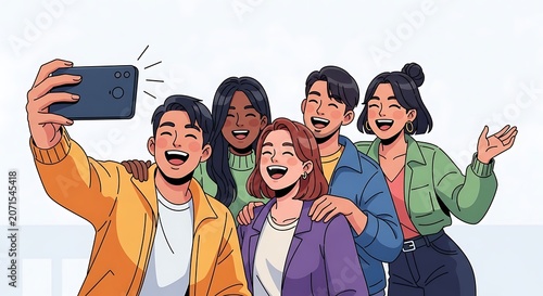 Cute cartoon illustration of group of friends taking photo with smartphone, laughing and smiling