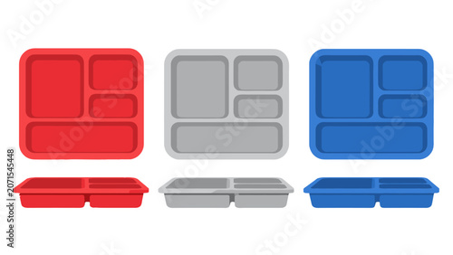 Foto Set of red gray and blue compartment food trays on white