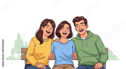 Cute cartoon illustration of friends sitting side by side laughing together