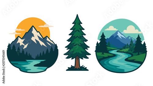 Cuadro en lienzo Mountain forest and river landscape vector illustration set