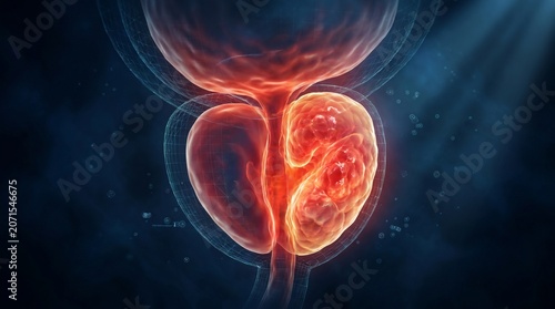 3D Medical Render of Prostate Gland with Glowing Red Inflammation and Cancer Cells