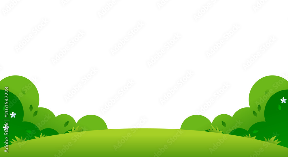 Fototapeta premium Cartoon nature scene with green grass hill and bushes isolated on white background for copy space.