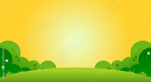 Sunny summer landscape with green grass hills and lush garden bushes under a bright glowing yellow sky vector.