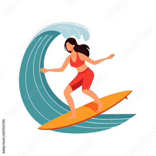 Flat illustration of a woman surfing on a wave