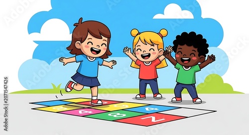 Cute cartoon illustration of kids playing hopscotch
