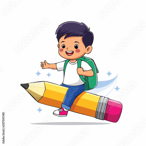 Happy boy riding a flying pencil with a backpack