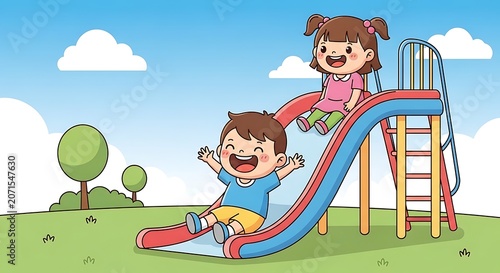 Cute cartoon illustration of children laughing while playing on a playground slide