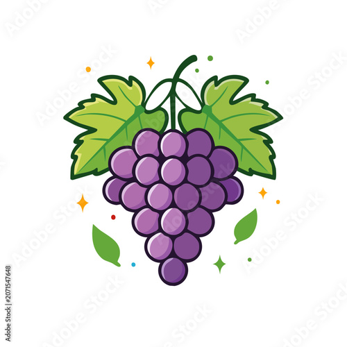 Purple Grape Cluster with Green Leaves Vector Illustration