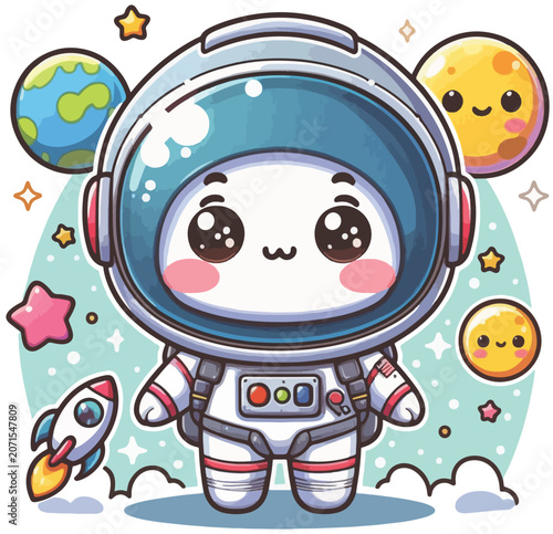 Schilderij op canvas A cheerful illustration of young astronauts wearing colorful space suits and exploring the wonders of outer space