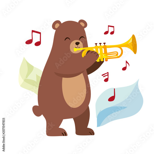 Cartoon bear playing a trumpet with music notes