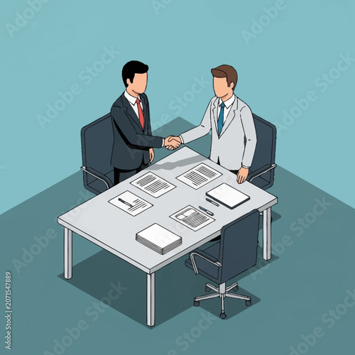 Two business professionals shaking hands at a meeting table.