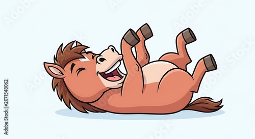 Cute cartoon horse lying on its back laughing, eyes closed, mouth wide open showing teeth