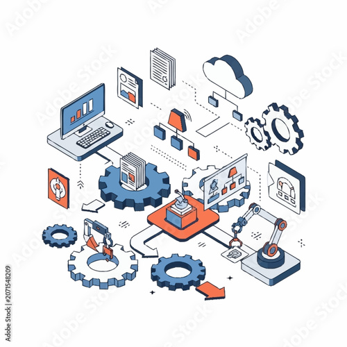 Isometric illustration of technology and industry concepts with gears and devices.