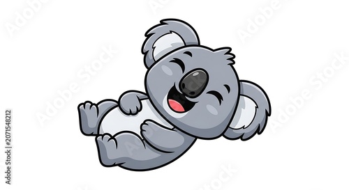 Cute cartoon koala lying on its back laughing, eyes closed, mouth wide open showing teeth