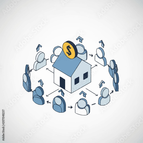 Isometric illustration of house with dollar sign and people icons.
