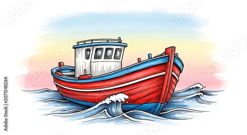 Colorful hand drawn fishing boat illustration, small wooden boat with bright red and blue paint