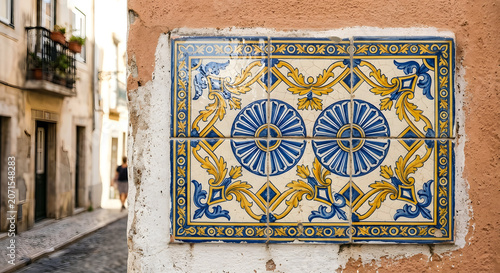 Traditional blue and yellow Portuguese decorative tiles