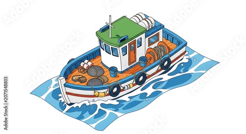 Isometric fishing boat illustration, colorful wooden boat with green, orange, and blue tones, small fishing gear on deck, stylized sea surface, modern isometric drawing style, clean background
