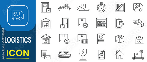 Logistics icon set. Outline icons of logistics, shipping, transportation, package, delivery, distribution, cargo, supply chain, export, import, and more. Vector illustration.
