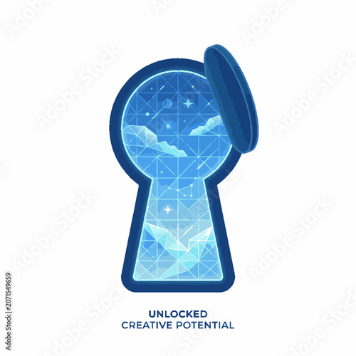 Conceptual Keyhole Illustration Representing Unlocked Creative Potential and Open Mind with Sky and Stars.
