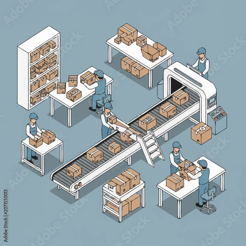 Isometric illustration of a busy warehouse packaging facility.