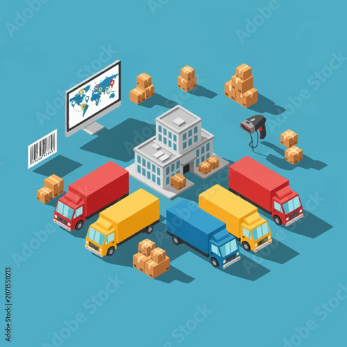 Isometric illustration of logistics and delivery trucks at a warehouse.