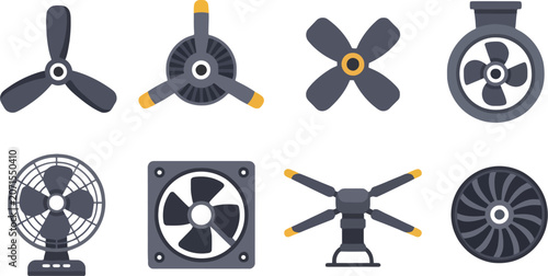 Fotografie Set of propeller and fan icons in flat vector style featuring aircraft propellers, cooling fans, and ventilation symbols, ideal for aviation, engineering, airflow, and technology-related designs