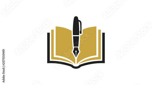 A minimalist graphic icon featuring an open book and a fountain pen