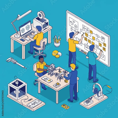 Team collaborating on a project in a modern office workspace.