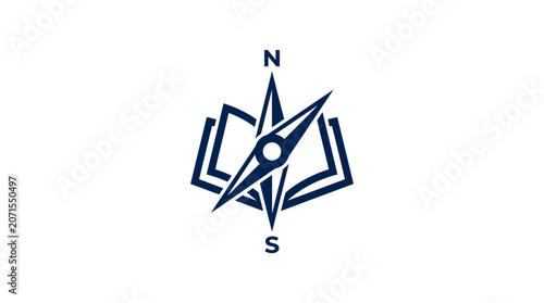 A minimalist graphic icon showing an open book combined with a navigation compass
