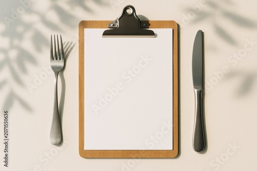 Blank clipboard mockup with white paper surrounded by fork and knife on light background under soft shadows for restaurant menu design concept. Ai generative
