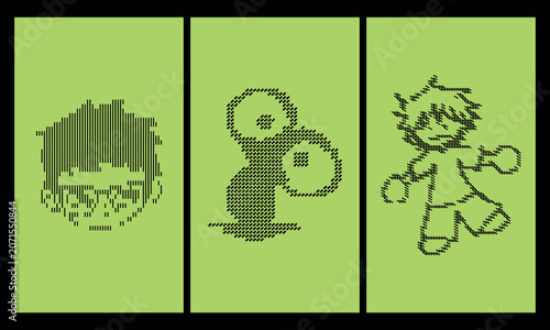 Three distinct characters rendered in minimalist black line art style
