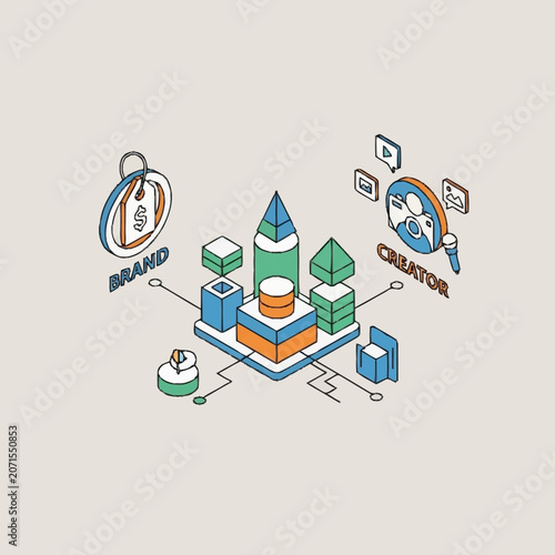 Isometric illustration of digital marketing and branding concepts.