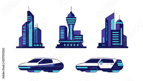 Fotografie Futuristic city skyline and hovering car vector set