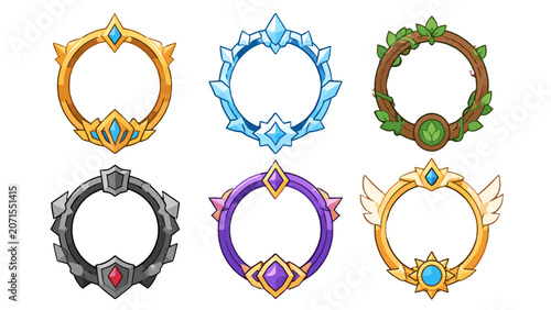 Foto Fantasy avatar frame set with gold, ice, wood and stone borders