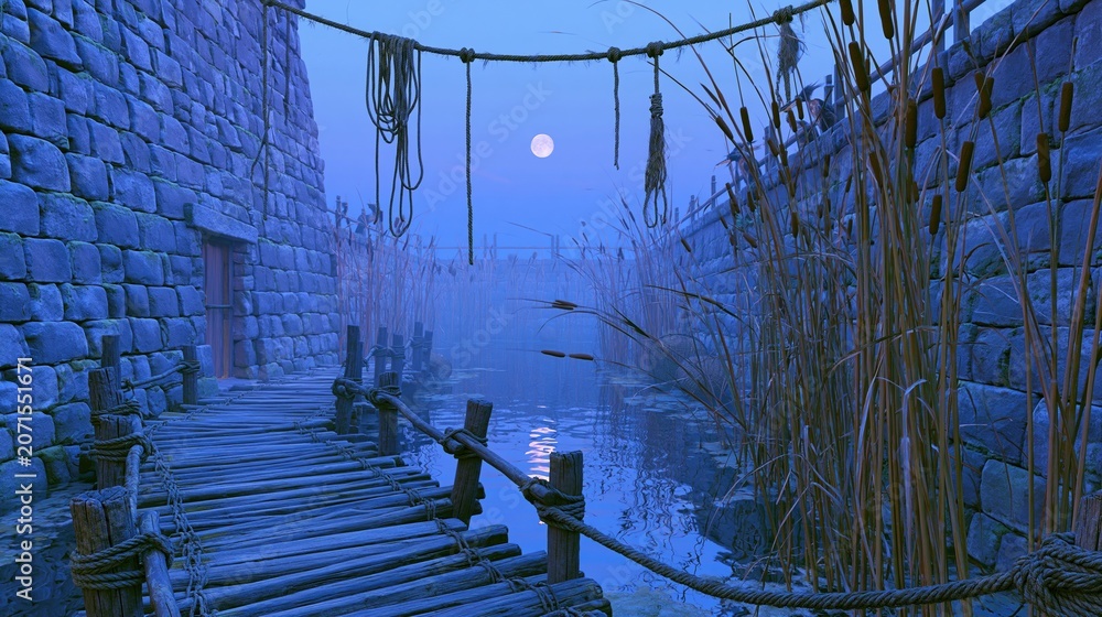 Fototapeta premium Serene Blue Night by the Waterway