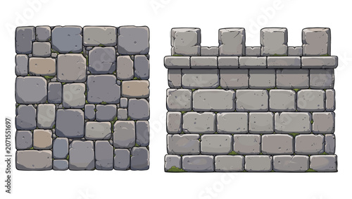 Fotografie Cartoon stone tile floor and castle wall vector set